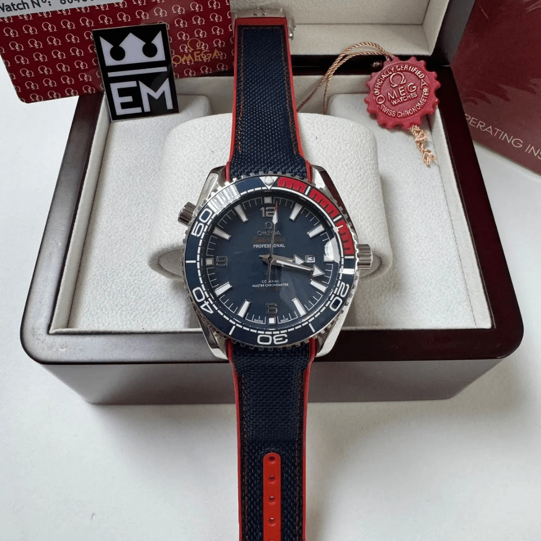 Omega Seamaster Planet Ocean “Co-Axial Master Chronometer” – Blue/Red | Textile Strap
